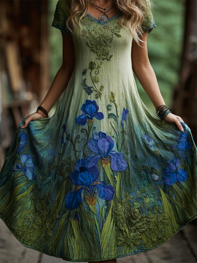 Oil Painting Inspired Irises Embroidered Flowy Linen Dress elevenforest