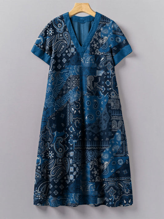 Japanese Traditional Sashiko Patchwork Art Pattern Painting V-Neck Dre