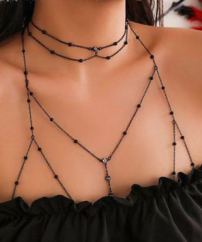 Black Alloy Zircon Love Tassel Necklace and Body Chain Two-piece Set