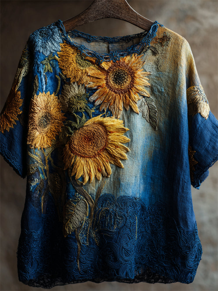 Oil Painting Inspired Sunflowers Embroidered Linen Tunic elevenforest