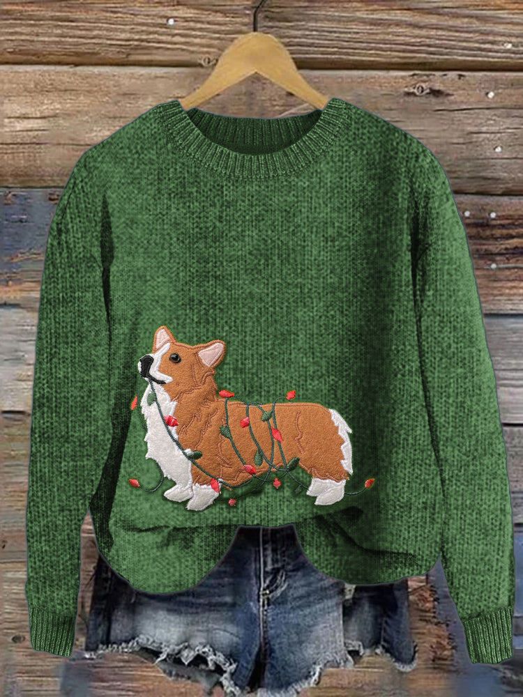 Comstylish Funny Christmas Corgi Dog Embroidered Cozy Sweater