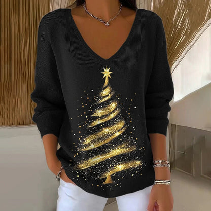 Comstylish Women's Vintage Christmas Tree Print V-neck Knit Sweater