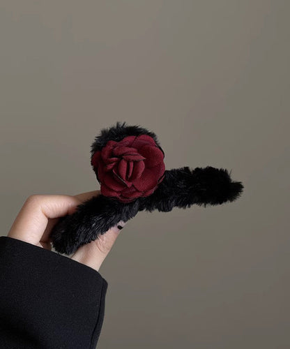 Black Fluffy Rose Shark Clamp Hairpin