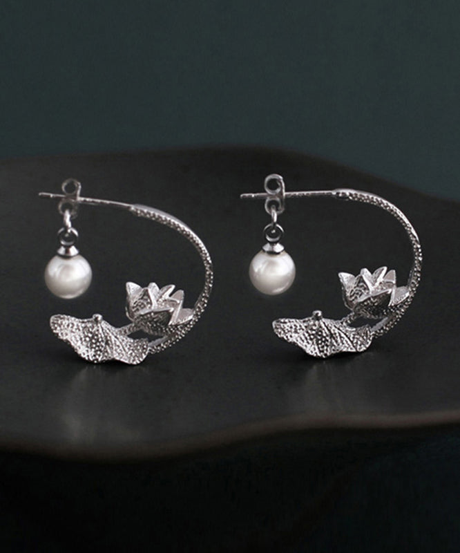 Silk Sterling Silver Pearl Lotus Hoop Earrings