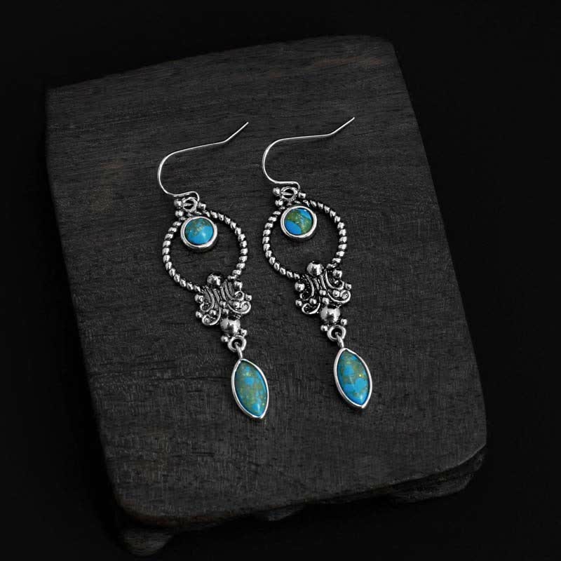 Buddha Stones 925 Sterling Silver Turquoise Waterdrop Pattern Balance Drop Dangle Earrings