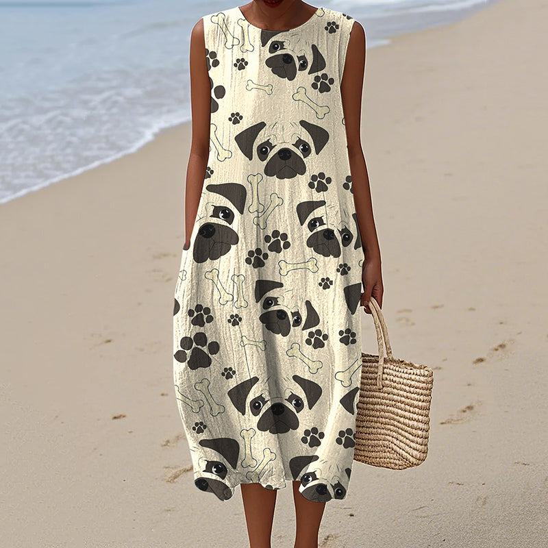 Women's Cute Pug Dog Art Print Dress elevenforest