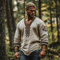 Vintage Viking Runes Celtic Mythology Linen Blend Loose V-neck Shirt elevenforest