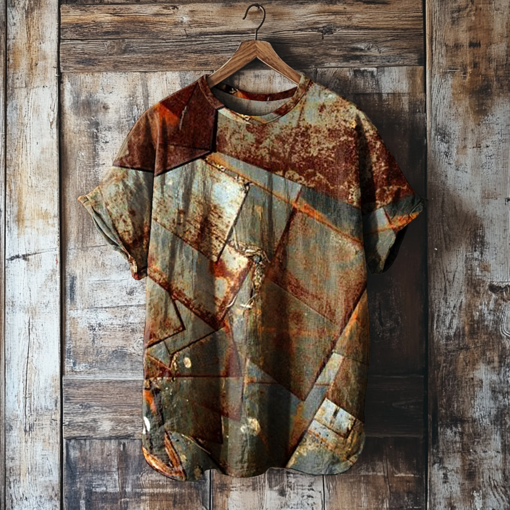 Women's Vintage Rust Art Print Round Neck Linen Blend Casual T-shirt elevenforest
