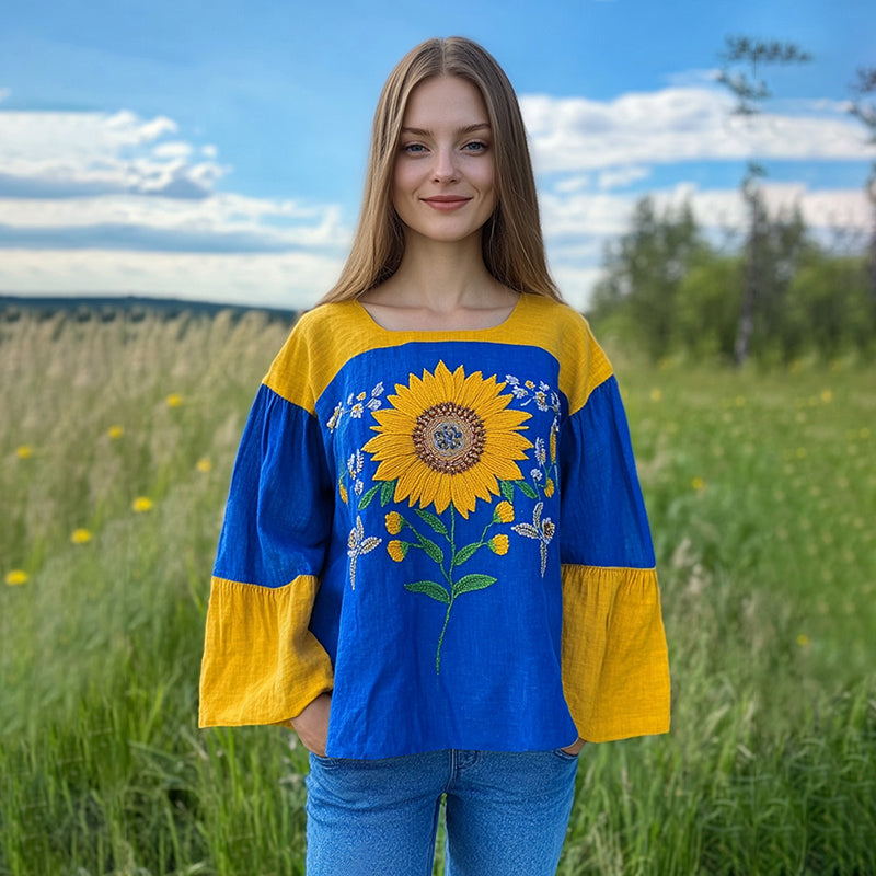 Ukraine Sunflower Embroidery Art Blend Linen T-shirt elevenforest