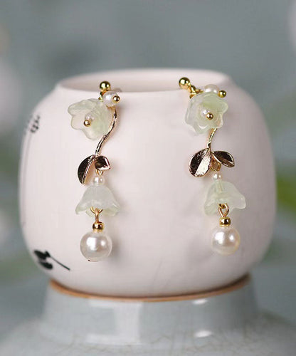 Cyan Alloy Pearl Tassel Bell Orchid Drop Earrings