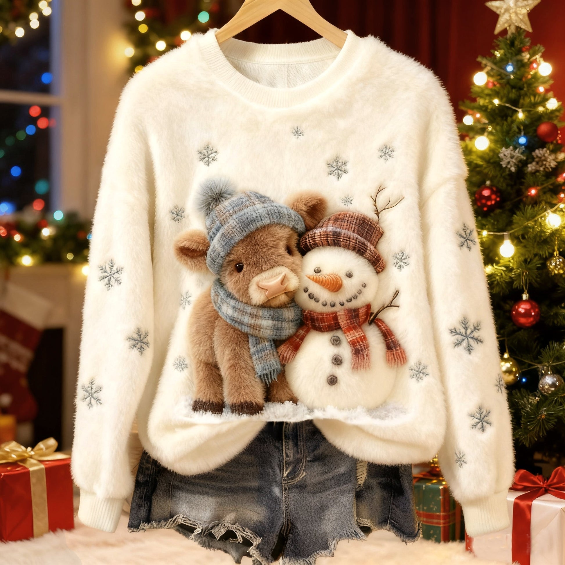Comstylish Cute Highland Cow And Snowman Art Plush Pattern Christmas Sweater