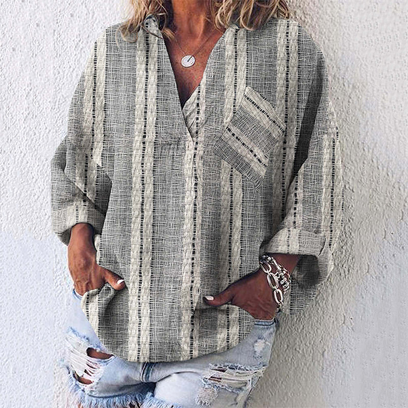 Women Vintage Stripes Pocket Casual Shirt elevenforest