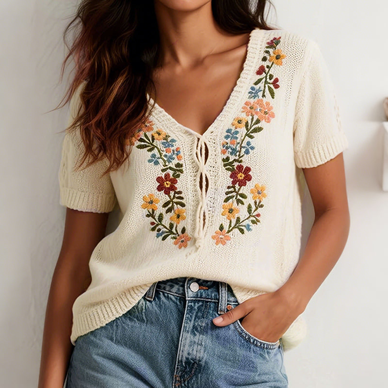 Women's Retro Bohemian Floral Embroidery V-neck Knit T-shirt elevenforest