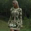 Comstylish Women's Vintage Skeleton With White Rose Art Cozy Sweater Dress