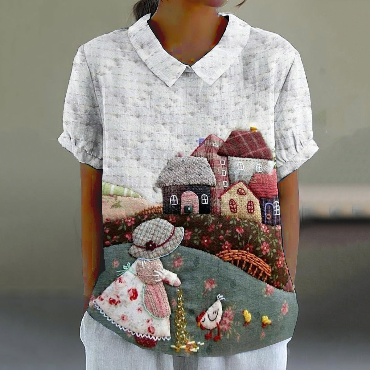Vintage Linen Quilted Farm Cute Cartoon Pattern Shirt elevenforest