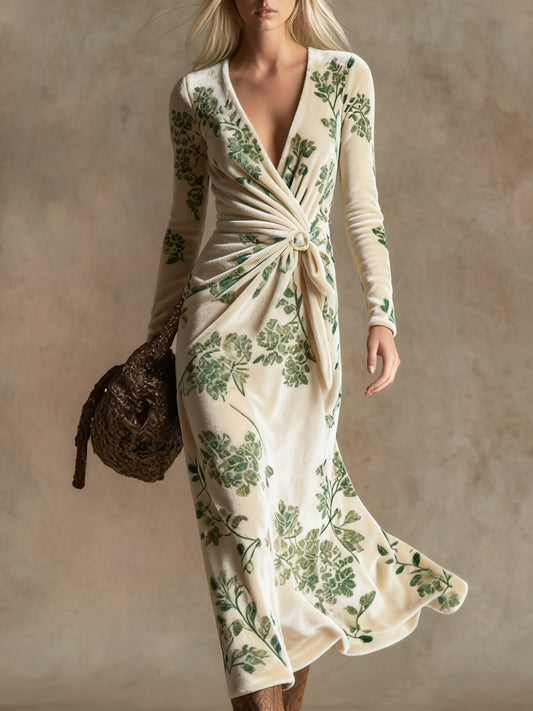 Elegant vintage print V-neck velvet maxi dress