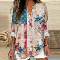 Vintage Independence Day Flag Flower Print Long Sleeve Blouses elevenforest