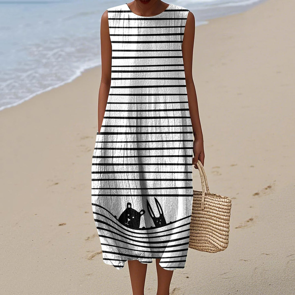 Women's Cute Dogs Stripes Art Print Sleeveless Dress elevenforest