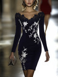 Shipping Black Lace V-Neck Bodycon Dress With Silver Floral Embroidery