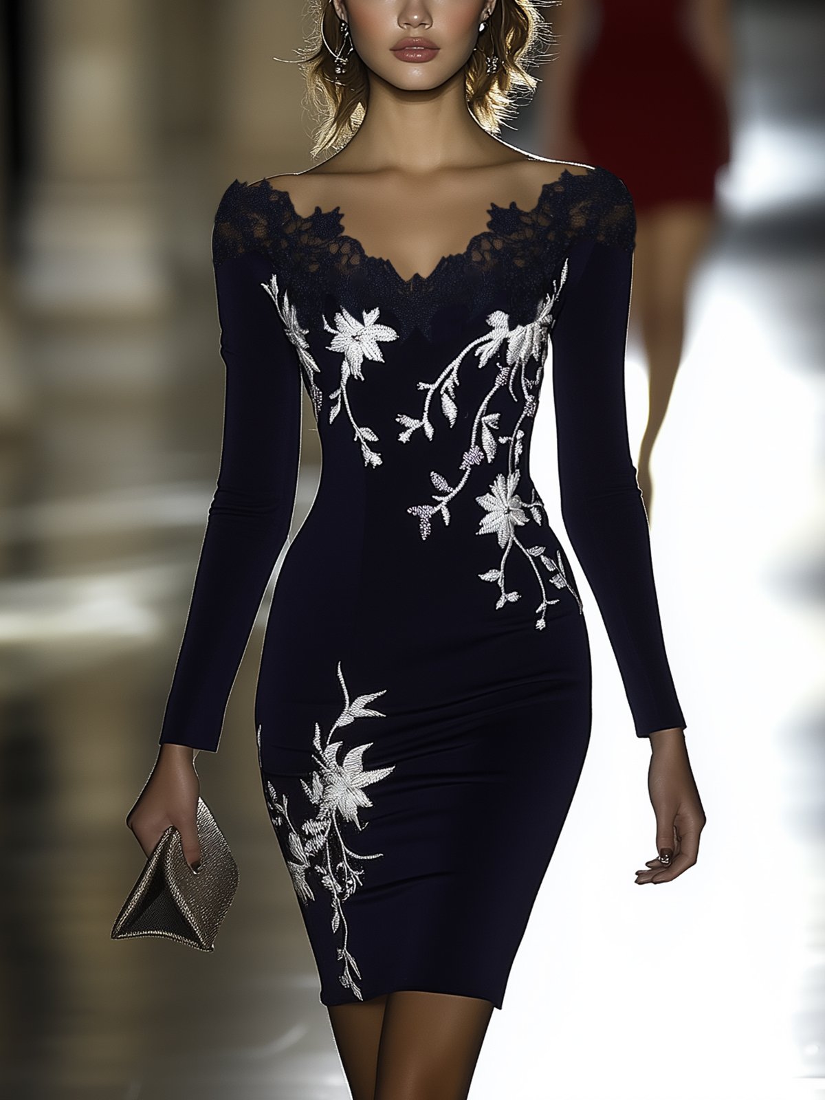 Shipping Black Lace V-Neck Bodycon Dress With Silver Floral Embroidery