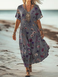 Women's Vintage Floral Print V Neck Short Sleeve Cotton Pocket Dress