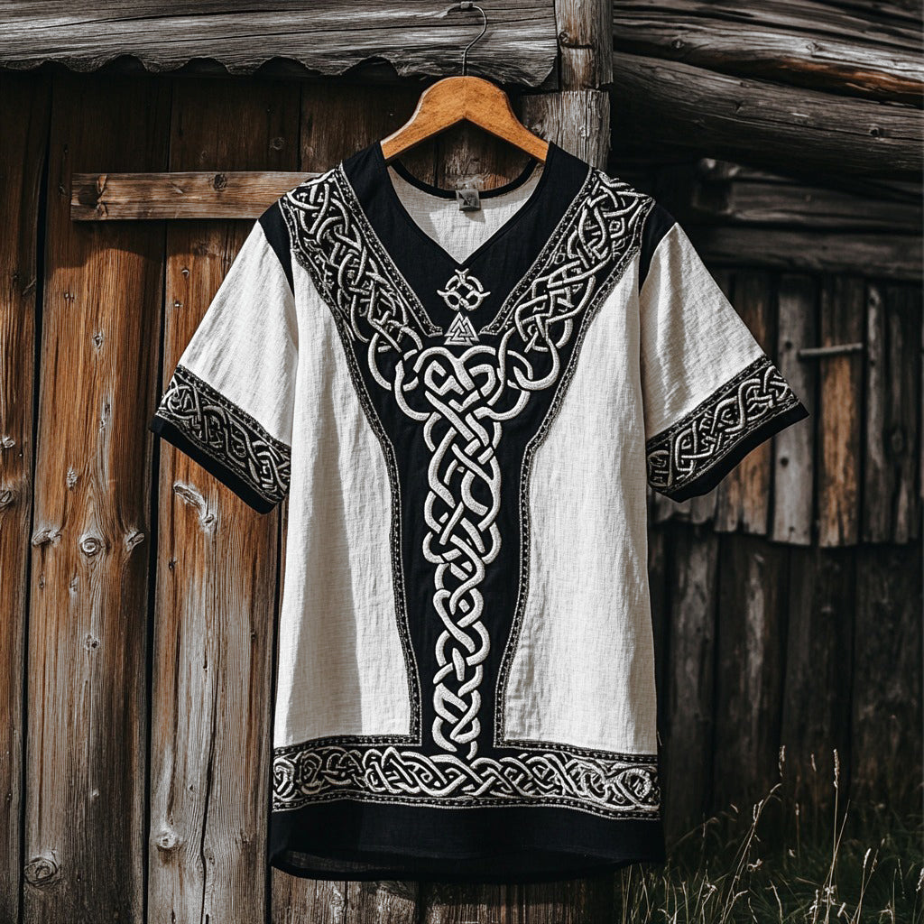 Men's Viking Celtic Knot Runes Washed Linen T-shirt elevenforest