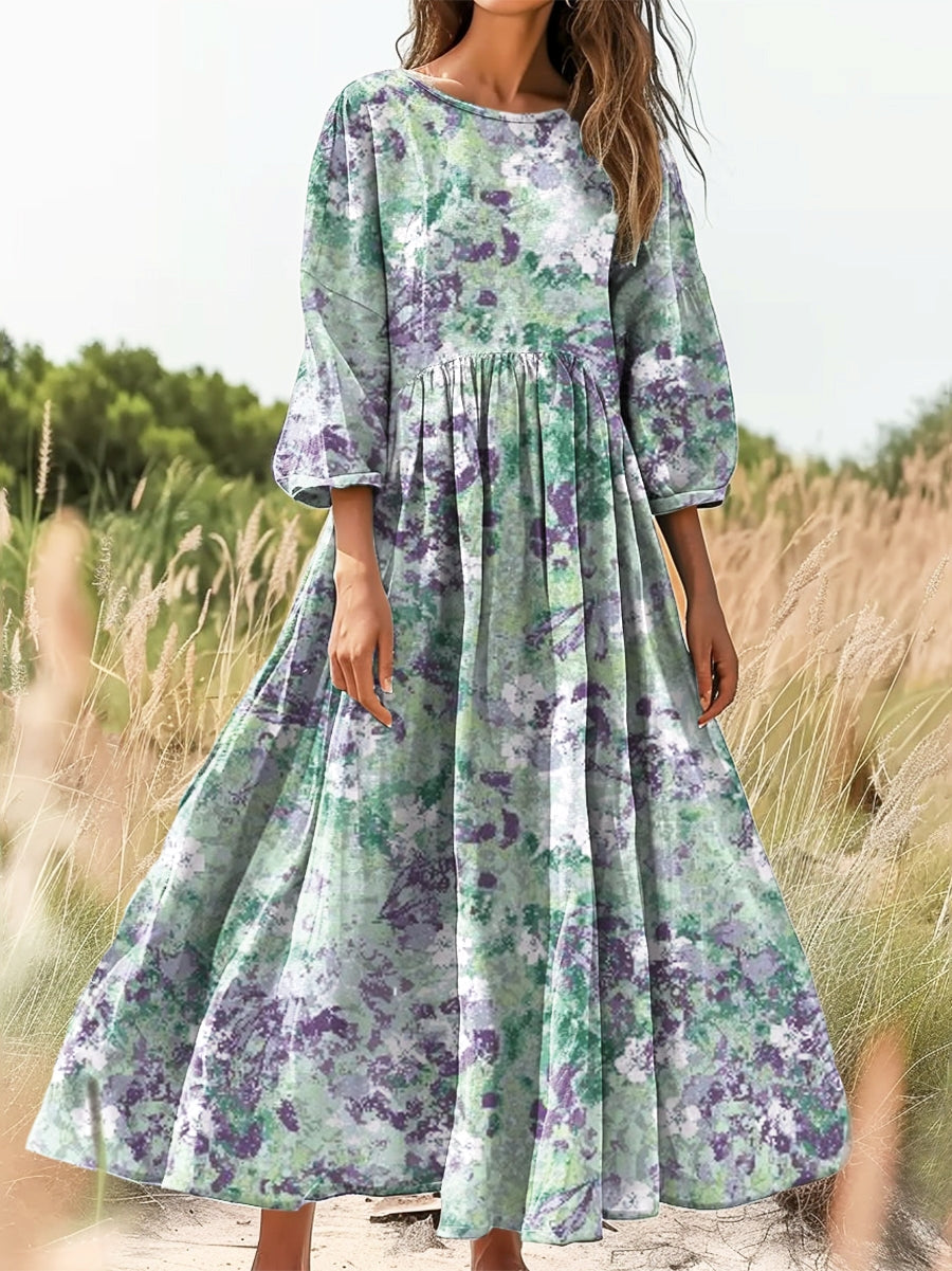 Women's Vintage Ethnic Floral Art Print Flowy Cotton Crew Neck Dress