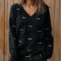 Comstylish Black Cat Faces Embroidered Fuzzy Cozy Knit Sweater
