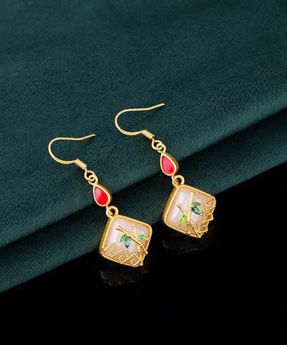 Art Gold Copper Overgild Inlaid Jade Gem Stone Bamboo Leaf Drop Earring Kx1090