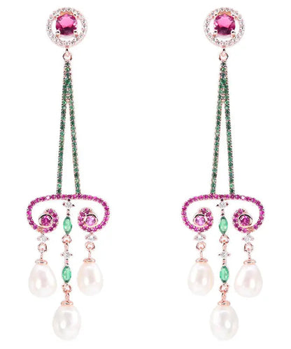 Sterling Silver Pearl Zircon Water Drop Tassel Drop Earrings