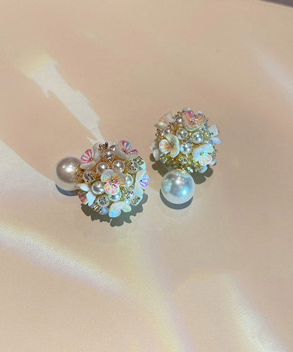 Art White Alloy Acrylic Pearl Zircon Stud Earrings