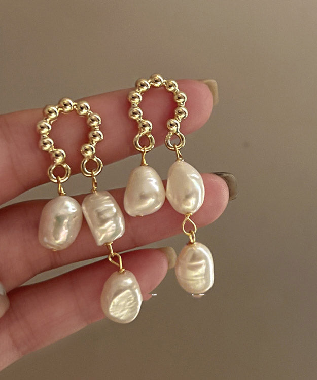 Beige Sterling Alloy Silver Pearl Tassel Drop Earrings