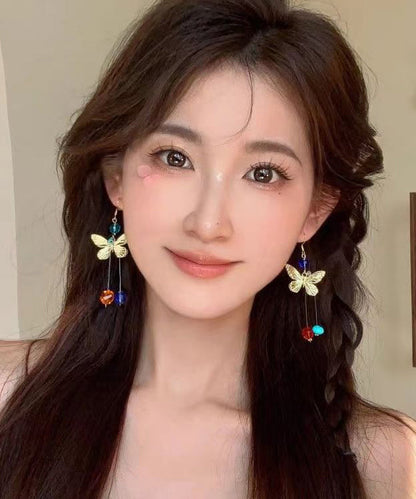 Colorblock Alloy Butterfly Beading Tassel Drop Earrings