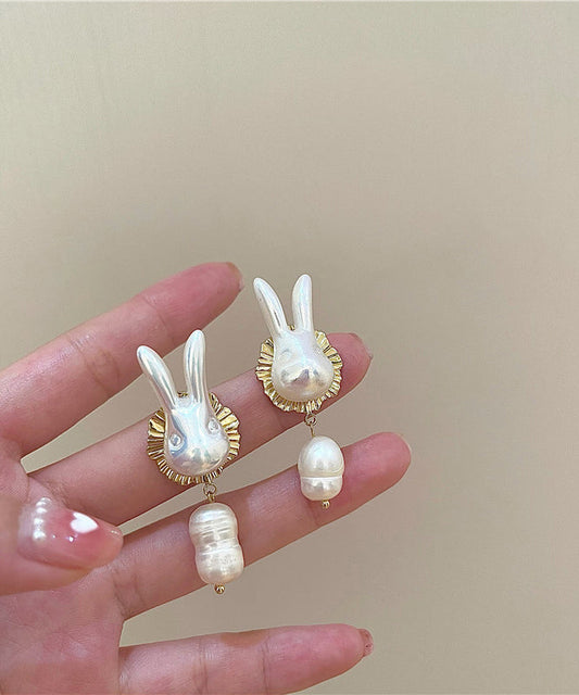 Gold Sterling Silver Alloy Pearl Rabbit Drop Earrings Ly1801