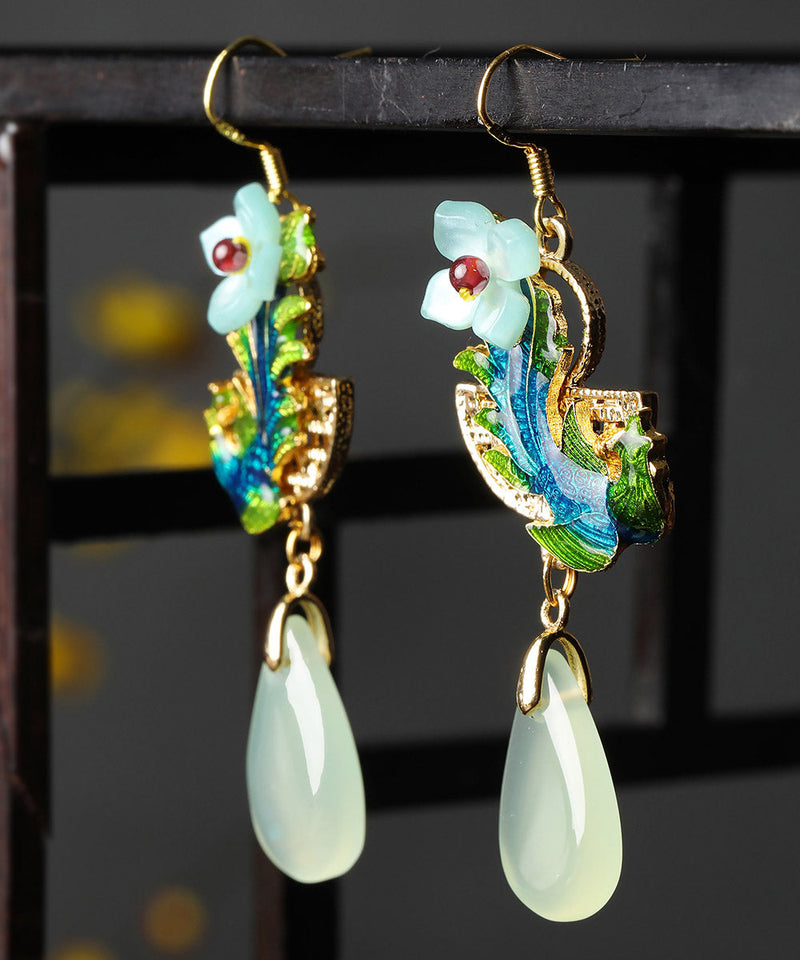 Green Jade Cloisonne Synthetic Flower Gem Stone Drip Drop Earrings