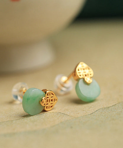 Light Green Sterling Silver Overgild Jade Stud Earrings Df1016