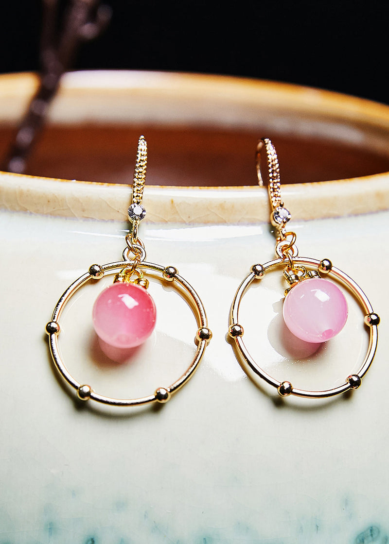 Pink Crystal Circular Gilding Drop Earrings