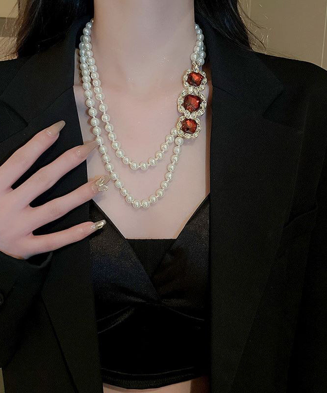 Red Alloy Zircon Bilayer Pearl Gratuated Bead Necklace Gh1022