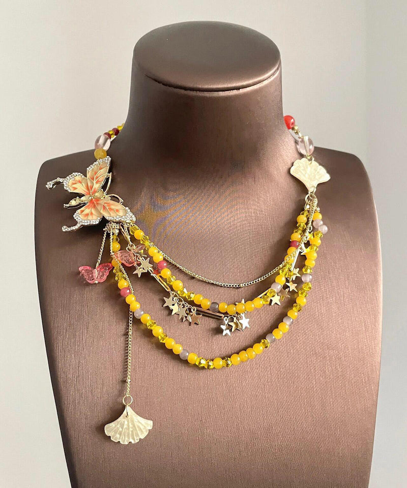 Yellow Alloy Zircon Beading Butterfly Star Pendant Necklace