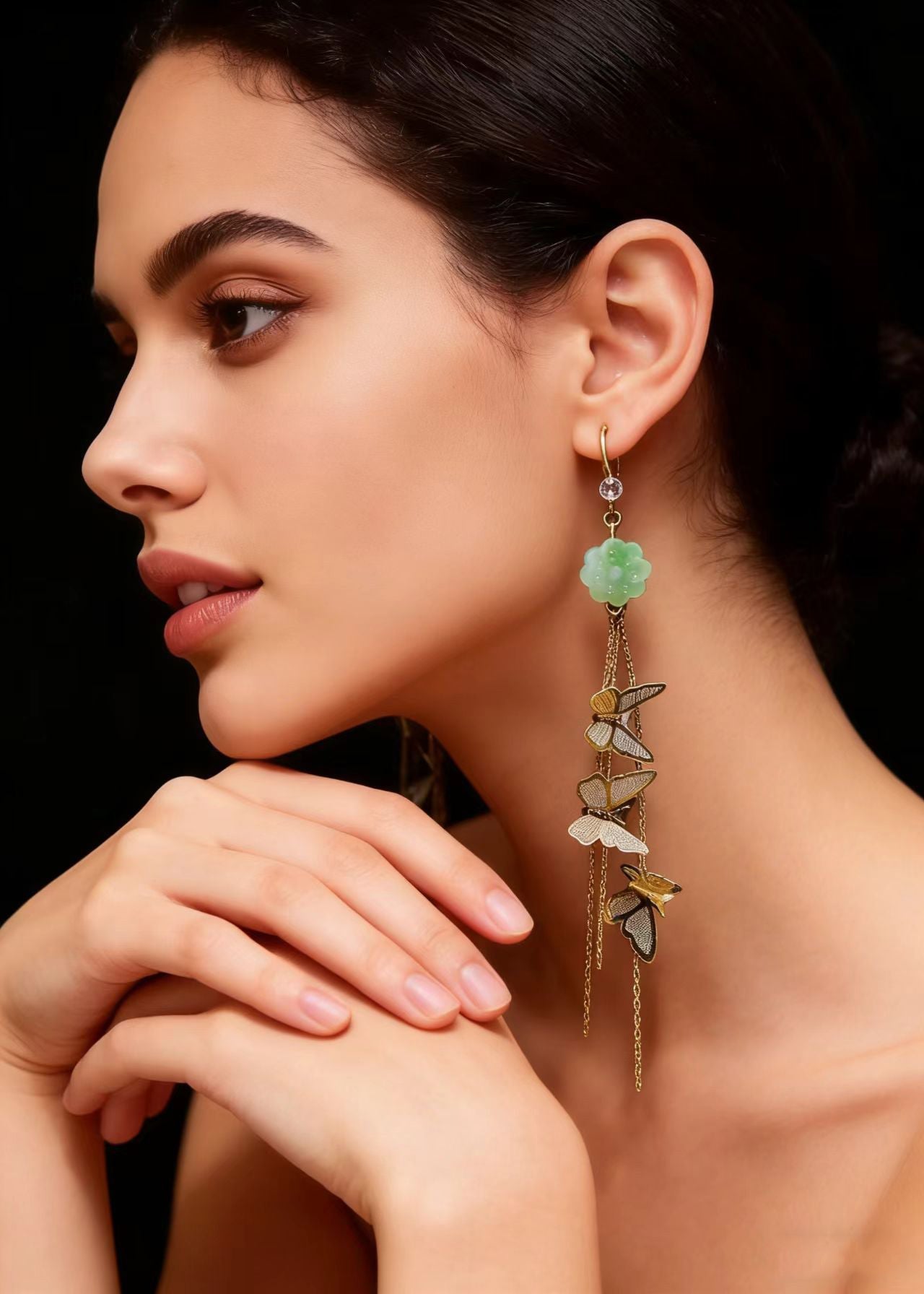 Butterfly Tassels Fine Jade Drop Earrings