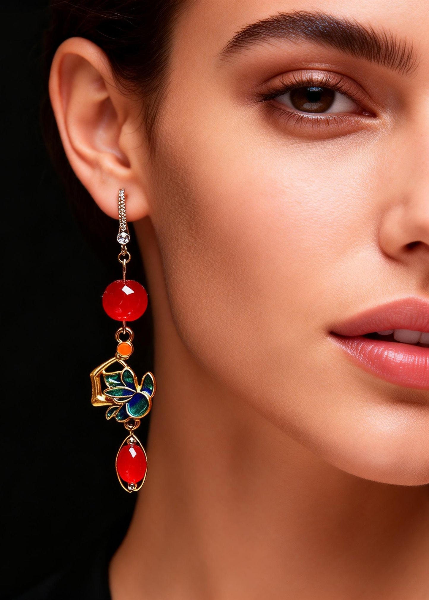 Red Gem Stone Gilding Drop Earrings