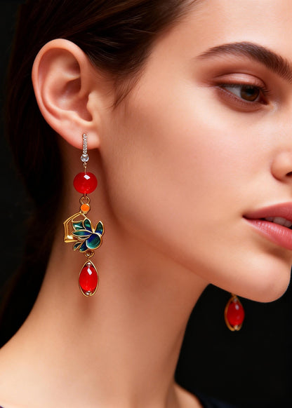Red Gem Stone Gilding Drop Earrings