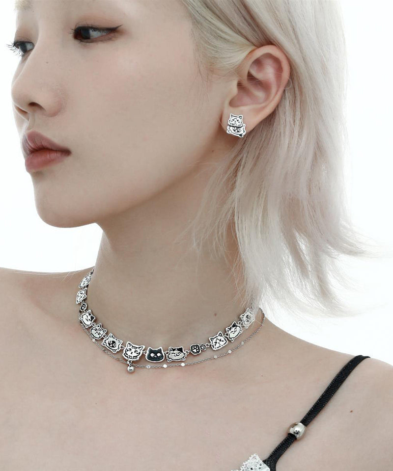 Silk Stainless Steel Graffiti Cat Double-layer Necklace