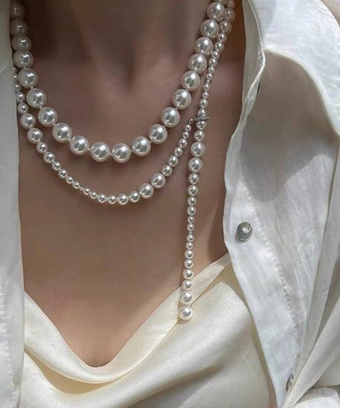 White Alloy Pearl Beading Sweater Gratuated Bead Necklace