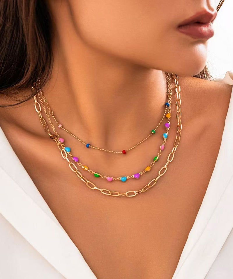 Rainbow Alloy Beading Broken Silver Love Three Piece Set Princess Necklace Rg014
