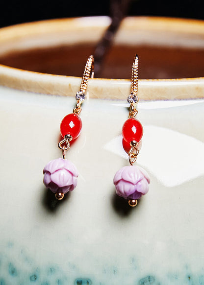 Red Gem Fine Lotus Flower Stone Drop Earrings