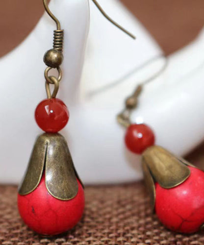 Red Turquoise Patchwork Copper Drop Earrings