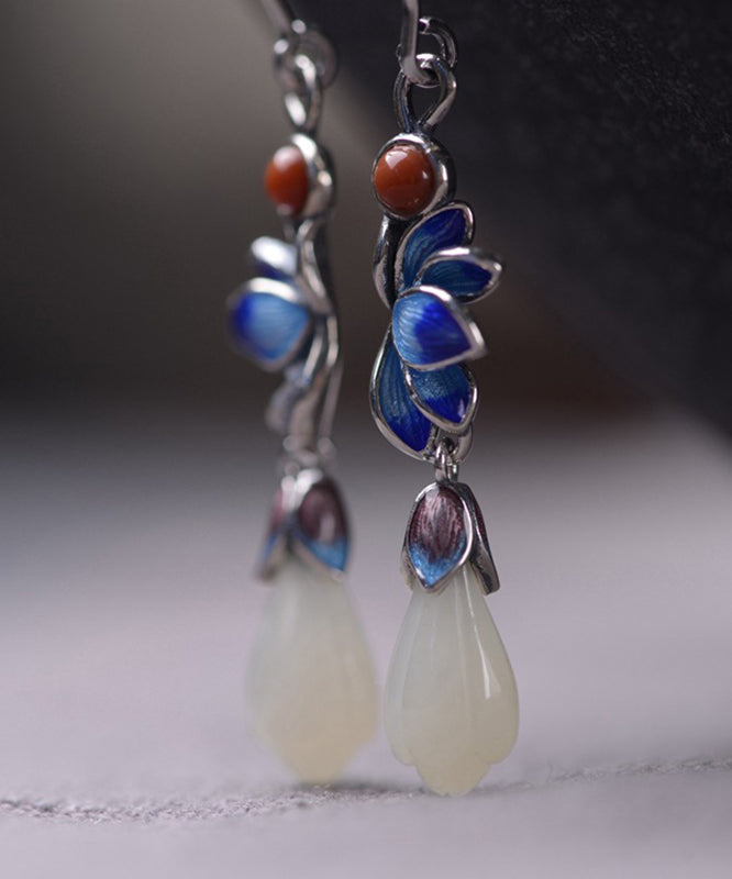 Boutique Blue Lotus Silver Jade Drop Earrings