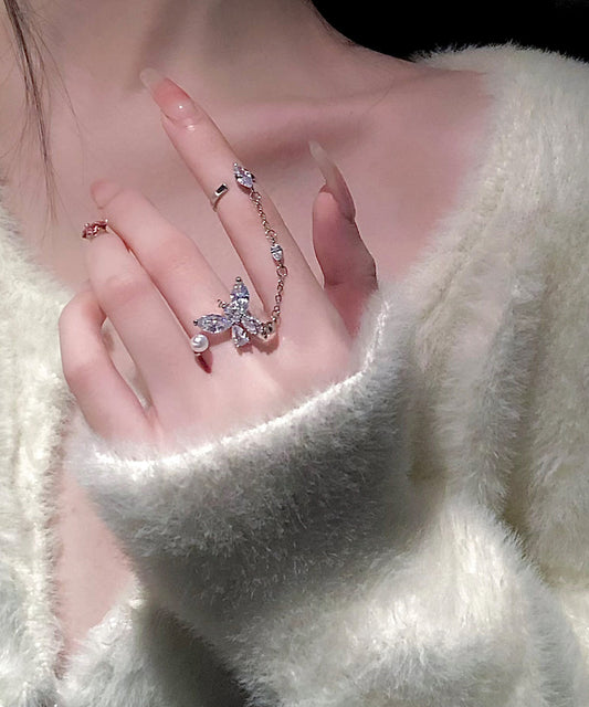 Boutique White Alloy Zircon Butterfly Tassel Rings Gh1077