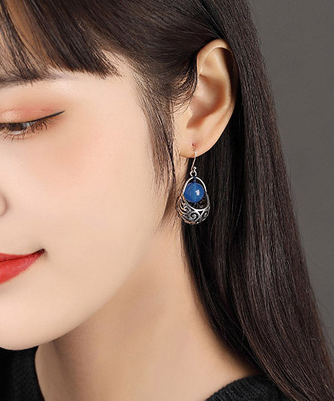 Blue Sterling Silver Agate Hoop Earrings